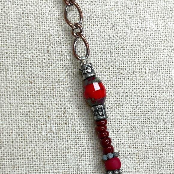 Vintage Chain and Beaded Necklace Silver Tone Red and Wooden Beads - Picture 7 of 9